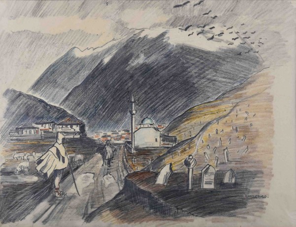 Albrecht von Urach (1903-1969), Passage in Bitola, 1933/34, pencil and crayon on paper