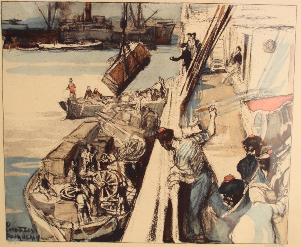 Charles-Fouqeray-1869-1956-Unloading-the-cargo-in-Salonica-1918-lithography