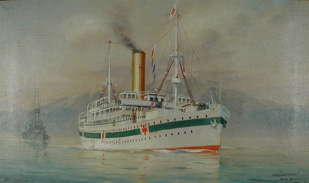 D.W.E Gutman XIX-XX Her Majesty-Hospital-Ship Lanfranc off Salonika Mount Olymp in the back