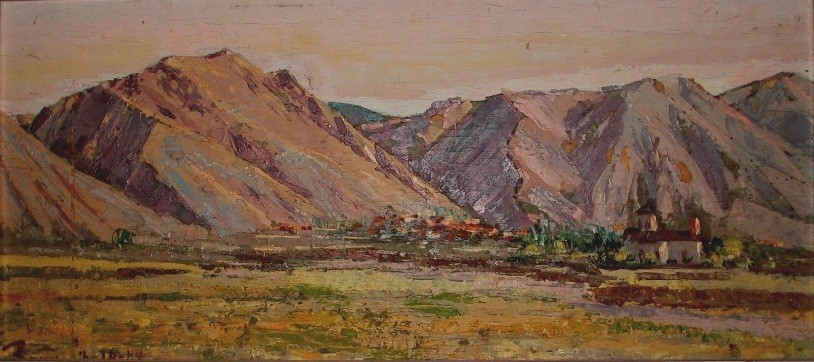 албанија Корча со планината Морав 1942, масло на панел