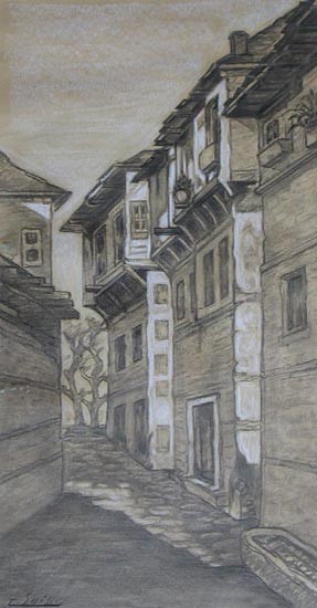 Gaston-Suisse-1896-1988-“Ruie-de-village-en-Mаcedoine”-woodcut-1916-“Rue-de-Salonique”-crayon.
