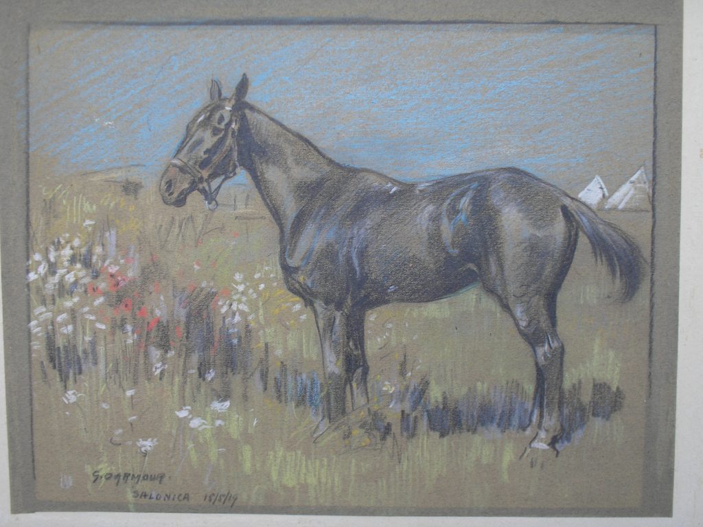 George Denholm Armour (1884 -1949), Horse and army camp, Salonica 1919, pastel