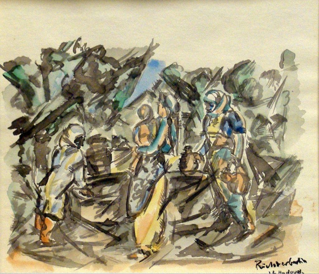 Heinrich-Richter-Berlin-1884-1981“Vor-de-Moschee-in-Uskub-1916“-„Drei-Mazedonierinnen-am-Brunnen-1916“-watercolor.