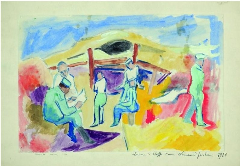 Helmuth-Macke-1891-–-1936-Soldiers-in-trench-Dojran-Front-1916-watercolor
