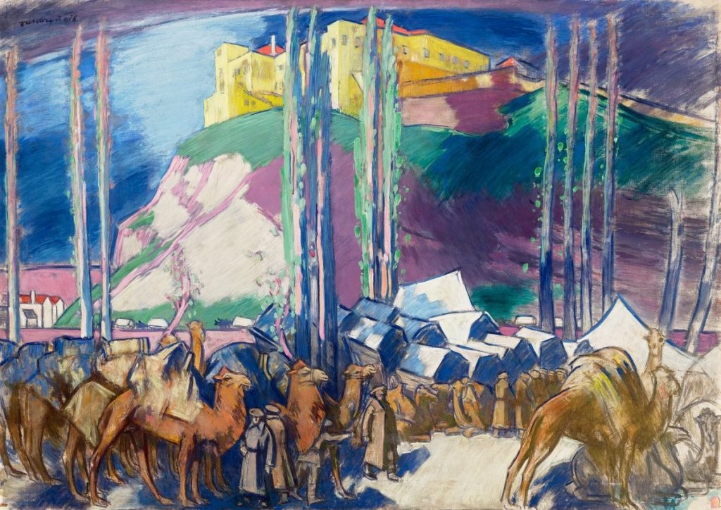 Караван со камили во Скопје 1916, масло на платно