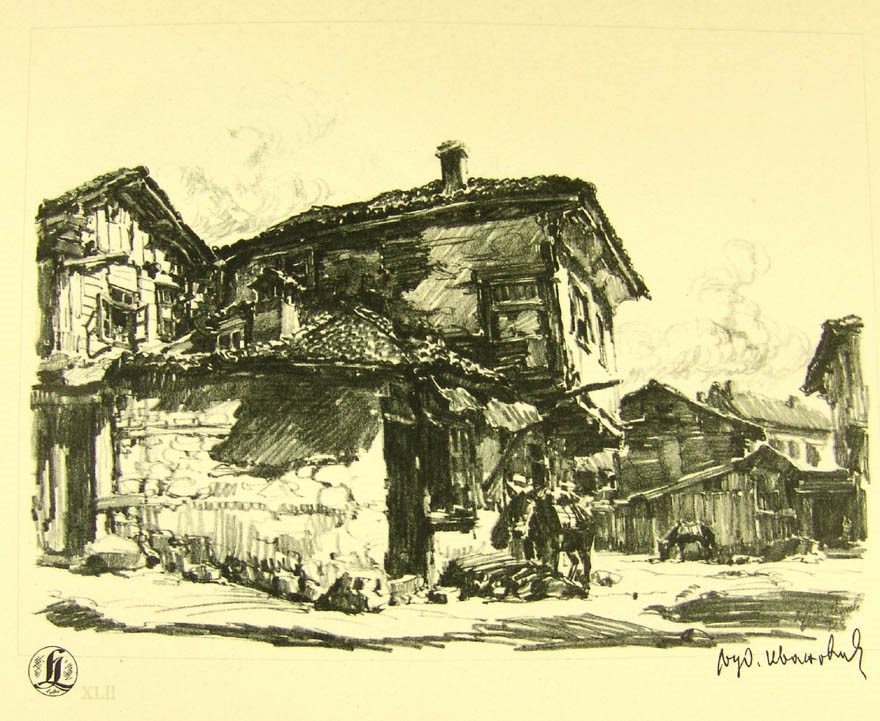 Ljubomir Ivanovic 1882-1945 In front of a bakery in Struga 1937 drawing