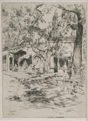 Сцена пред кафаната со платани, Солун 1923, бакрорез