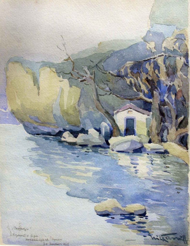 Nikola Tanev 1890 -1962 St.Ioan Monastery on the Ohrid Lake 1918 watercolor