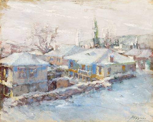 Oumbertos Argyros (1882 -1963), Snowy Village, Macedonia