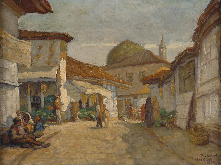 Richard Aich 1886 1975-Skopje Ueskueb market 1918 oil on canvas