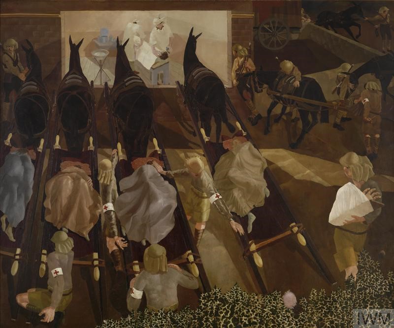 Сер Стенли Спенсер (1891-1959) Влечите со ранети пристигнуваат во станицата за превстки во Смол, Македонија 1916, масло на платно 183 x 218 cm.