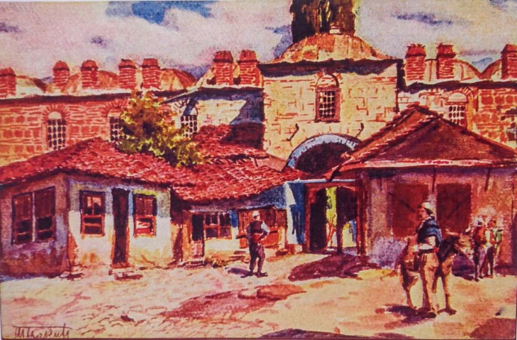 Todor-Švrakić-1882-1931-Kurshumli-Han-Skopje-watercolor-on-postcard