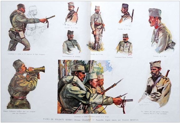 Vladimir Becich (1886 -1954),Types of Serbian Soldiers drawing for ,l’Illustration