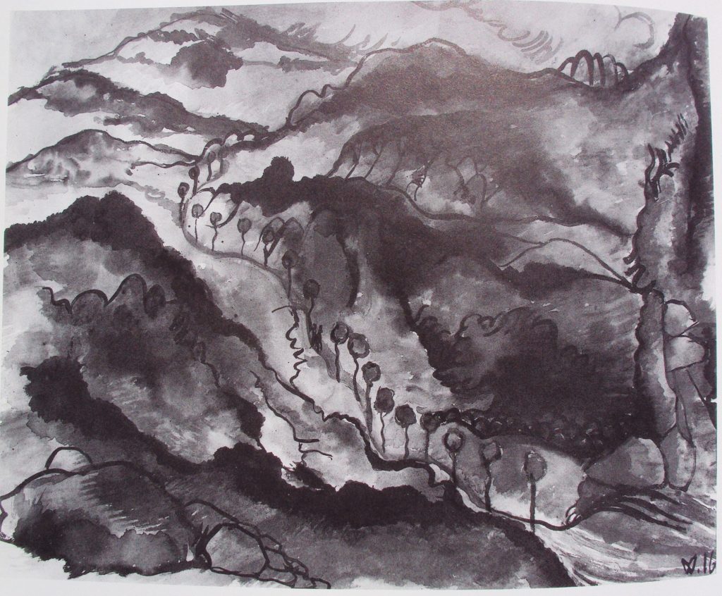 Wilhelm-Morgner-1891–-1917-Mazedonische-Landschaft-Die-Hohe-Strase-1916-watercolor