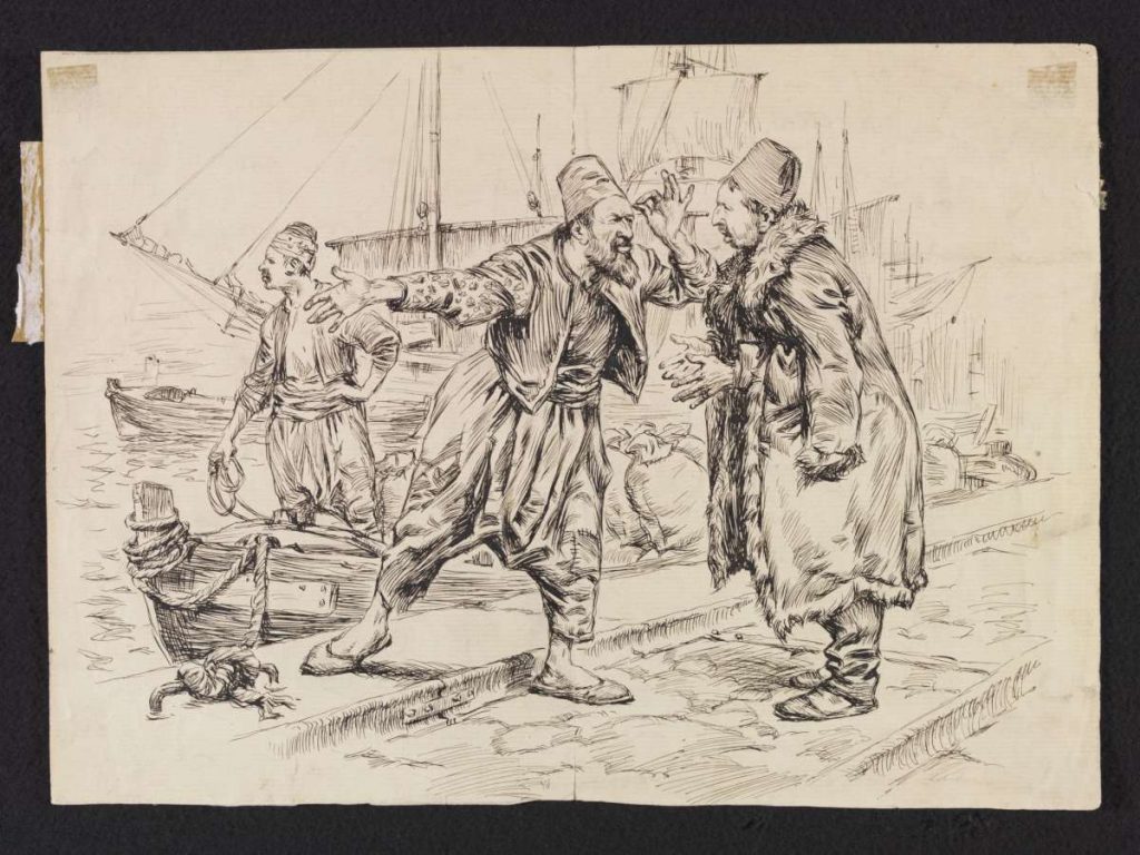 William T. Maud arrival in Thessaloniki harbor with Jewish fishermen 1902. Drawing in the collection of Victoria Albert Museum London.